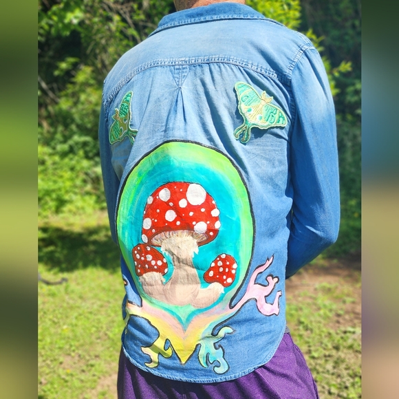 🍄🍄🍄 BONGO custom hand painted upcycled mushroom button down jacket - Picture 3 of 16